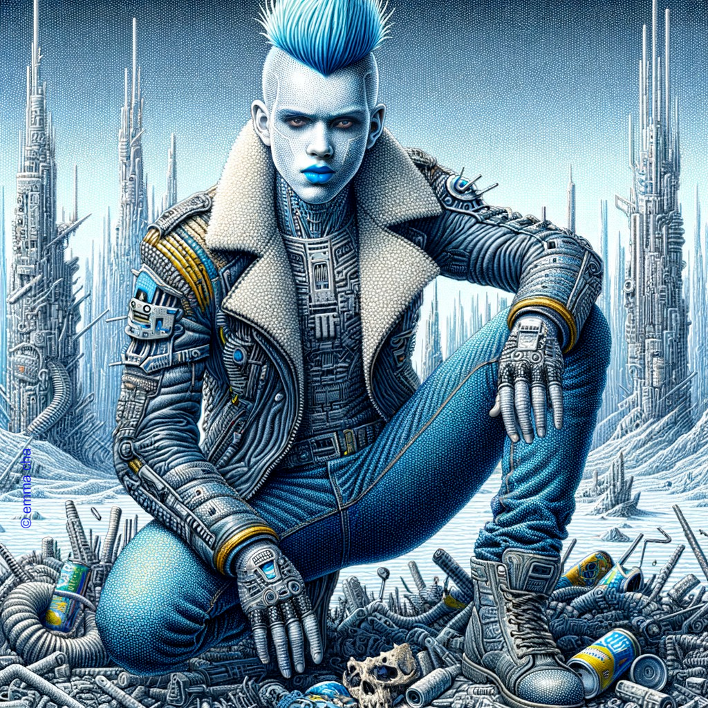 Futuristic figure in a post-apocalyptic landscape