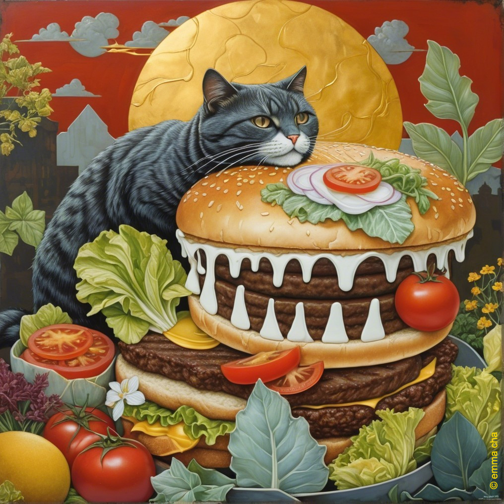 Gray Cat on Hamburger Surrounded by Bright Flowers