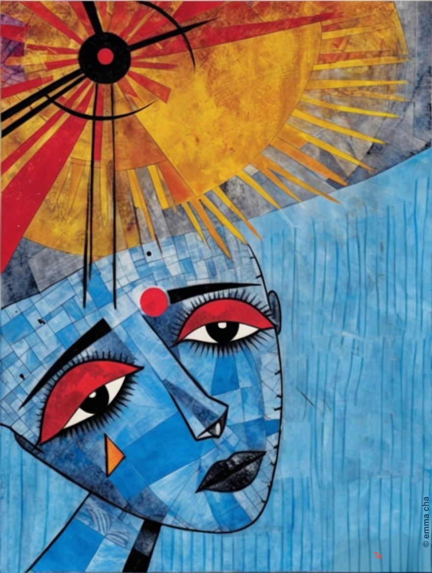 Stylized Blue-Faced Figure with Vibrant Sun and Shapes