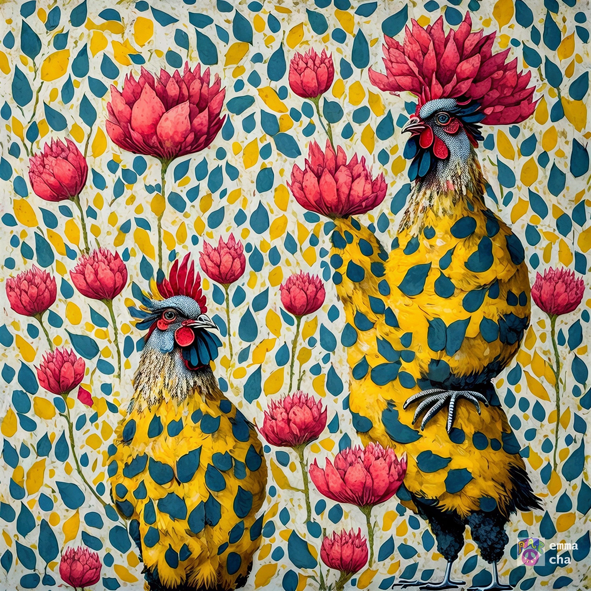 Vibrant Roosters Surrounded by Pink Flowers and Greenery