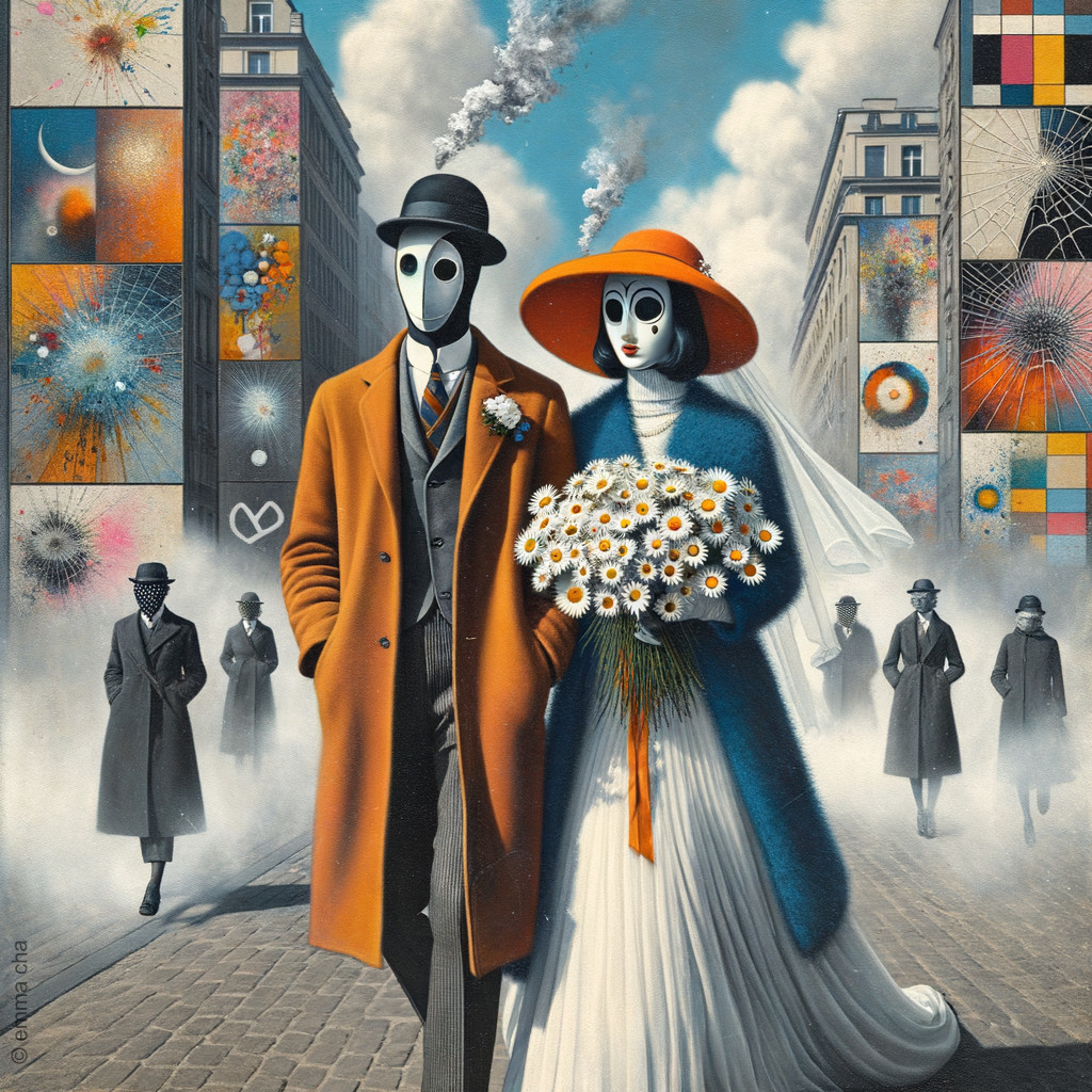Surreal Urban Scene with Vintage-Dressed Couple