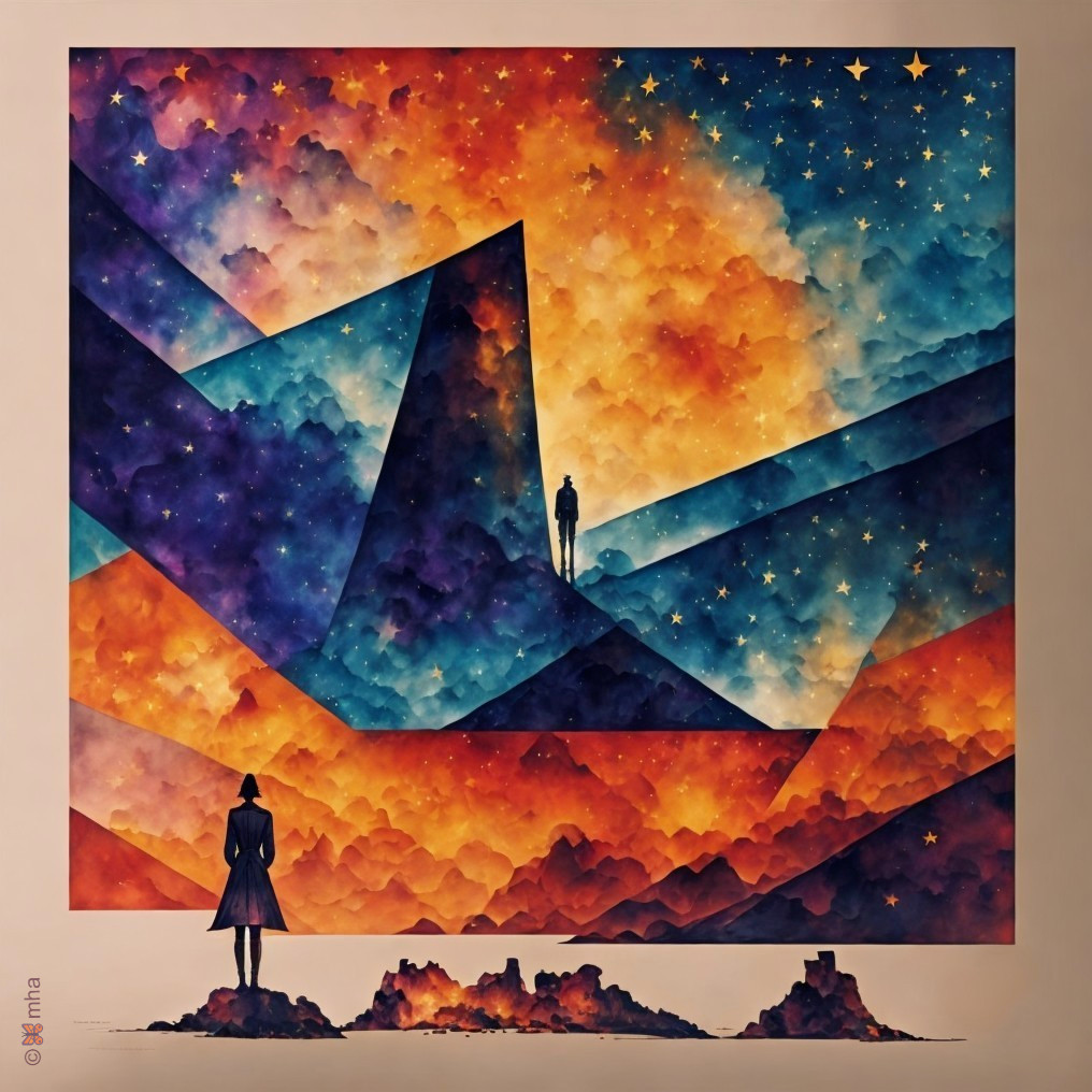 Surreal Landscape with Silhouetted Figures and Pyramid