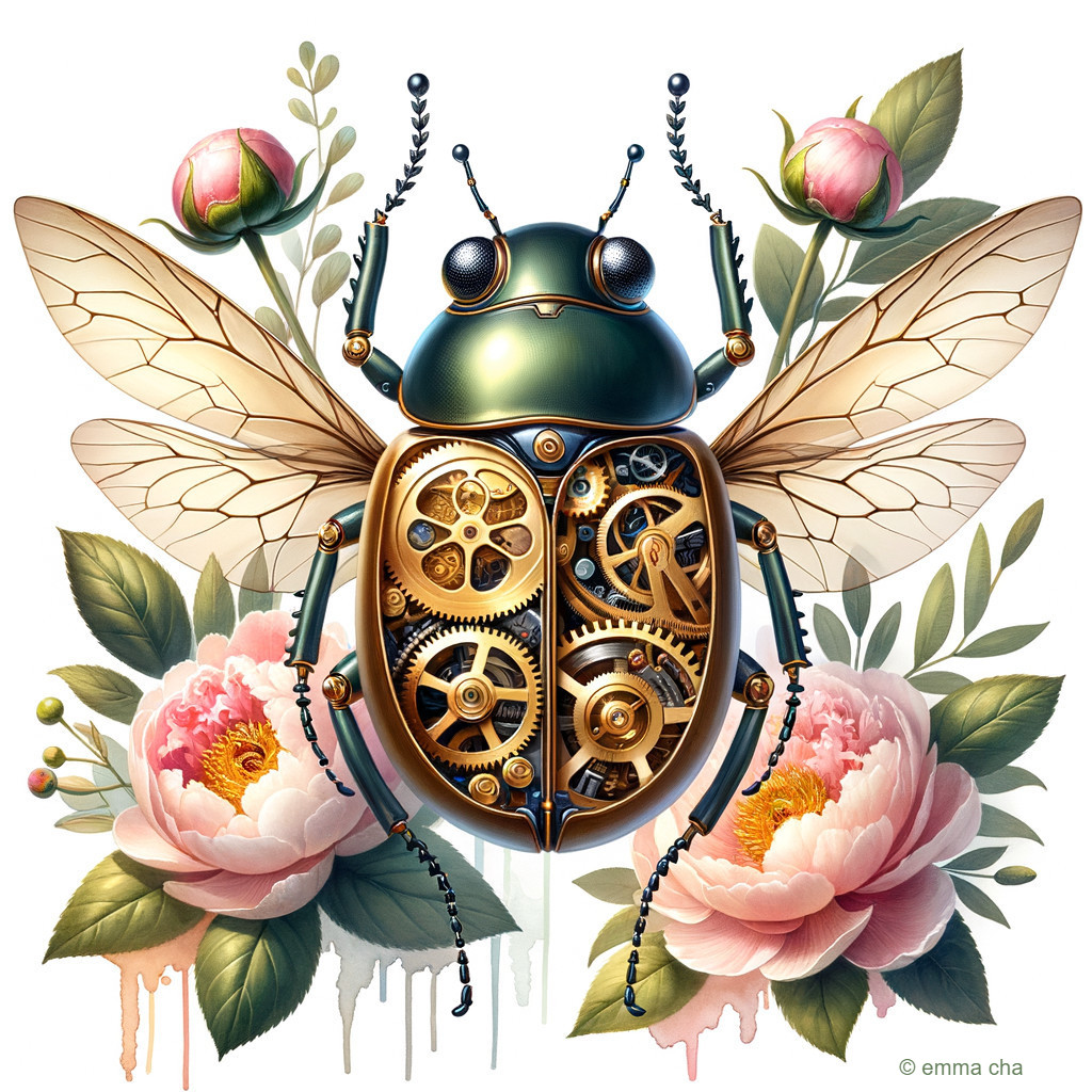 Steampunk Beetle Among Blooming Peonies and Gears