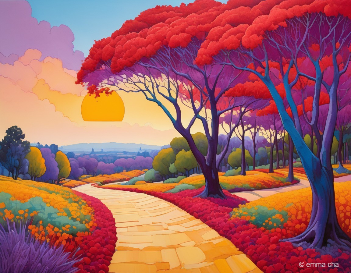 Vibrant Landscape with Colorful Trees and Sunset Sky