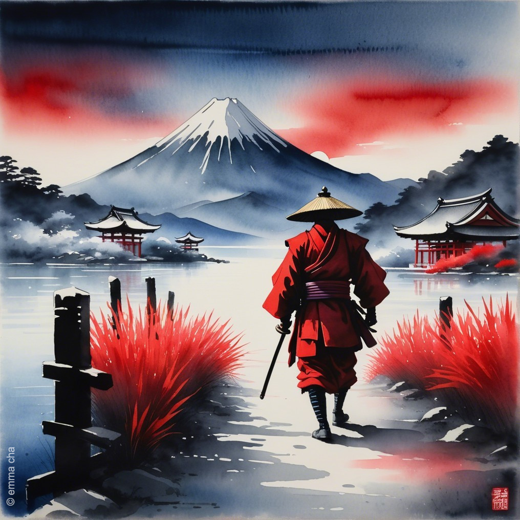 Solitary figure in red by serene lake and Mount Fuji