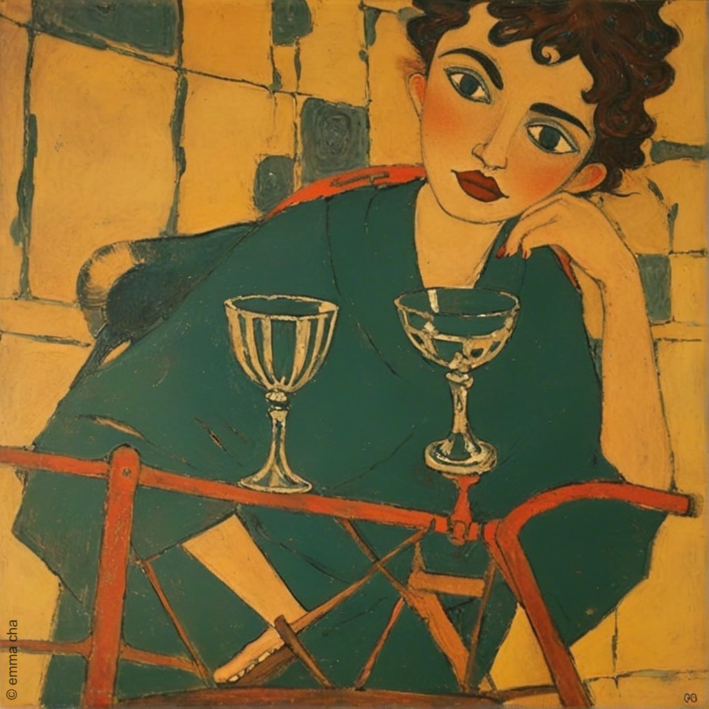 Stylized Painting of Contemplative Figure with Goblets