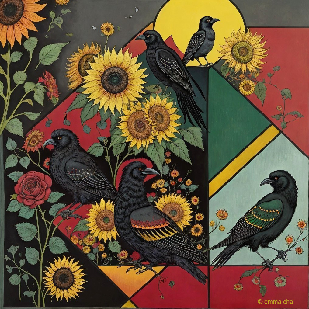 Vibrant Geometric Design with Birds and Flowers