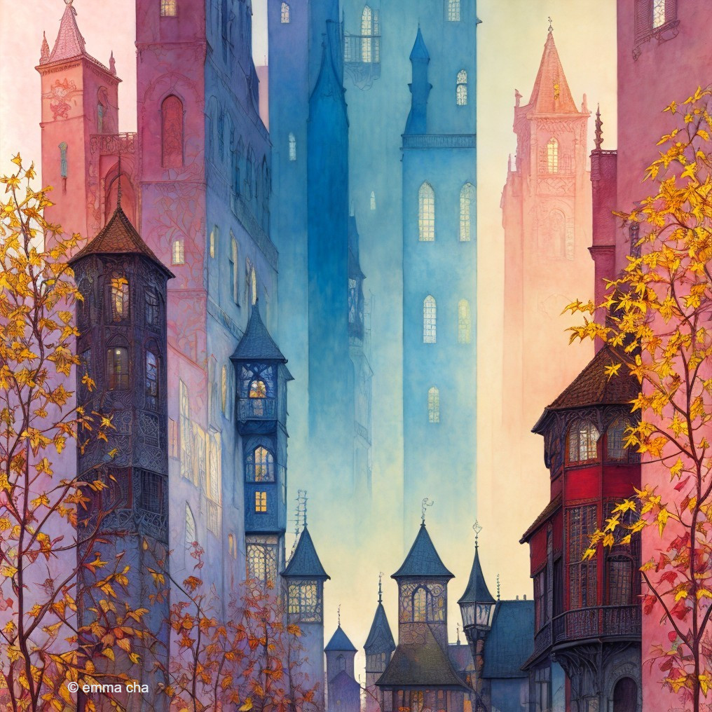 Whimsical Cityscape with Castles and Pastel Colors