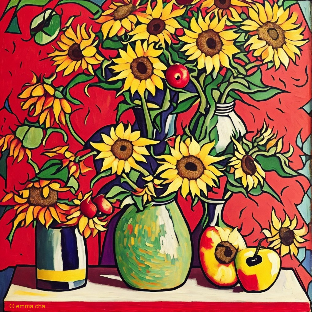 Vibrant Still Life with Sunflowers and Apples