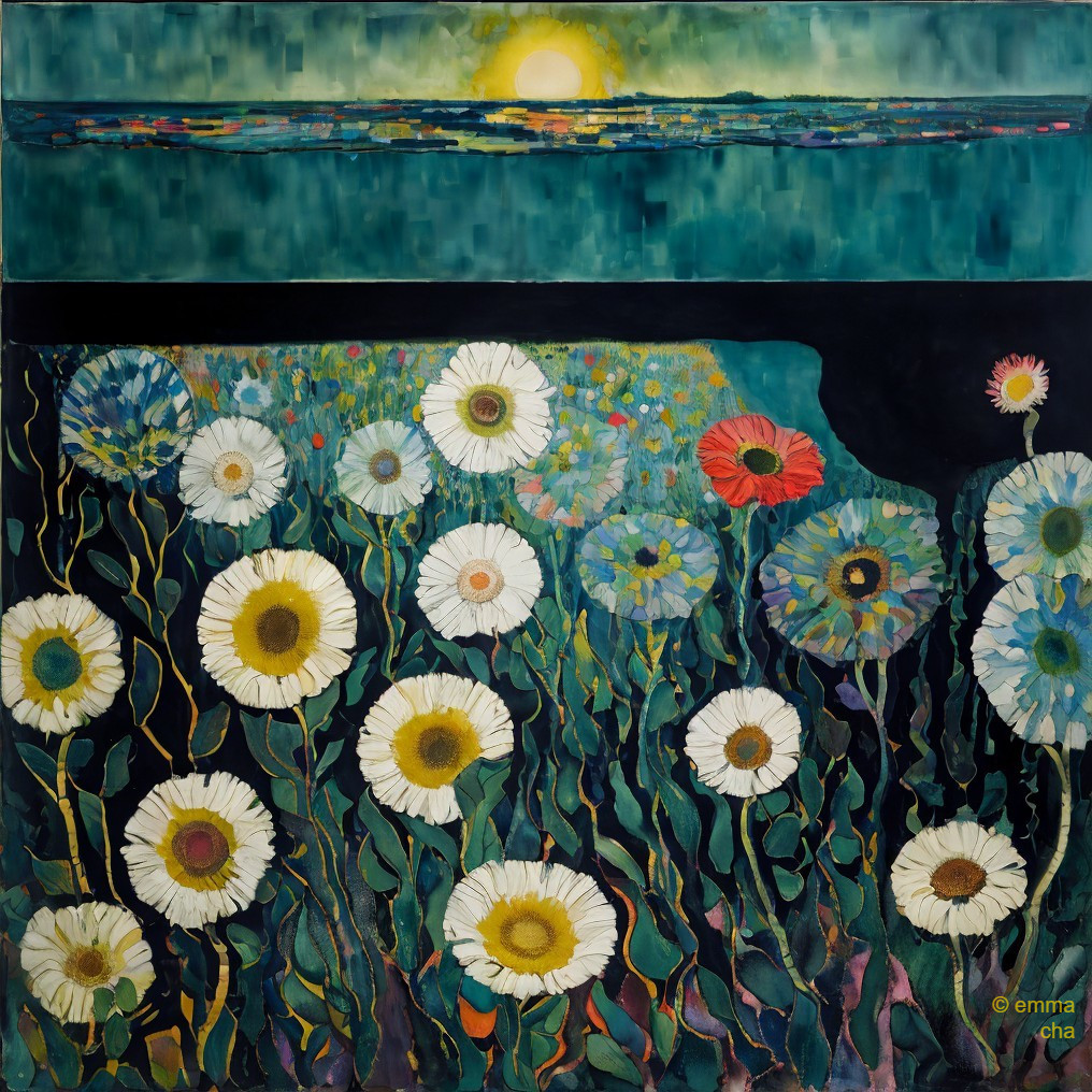 Vibrant Floral Landscape with Daisies and Sunrise