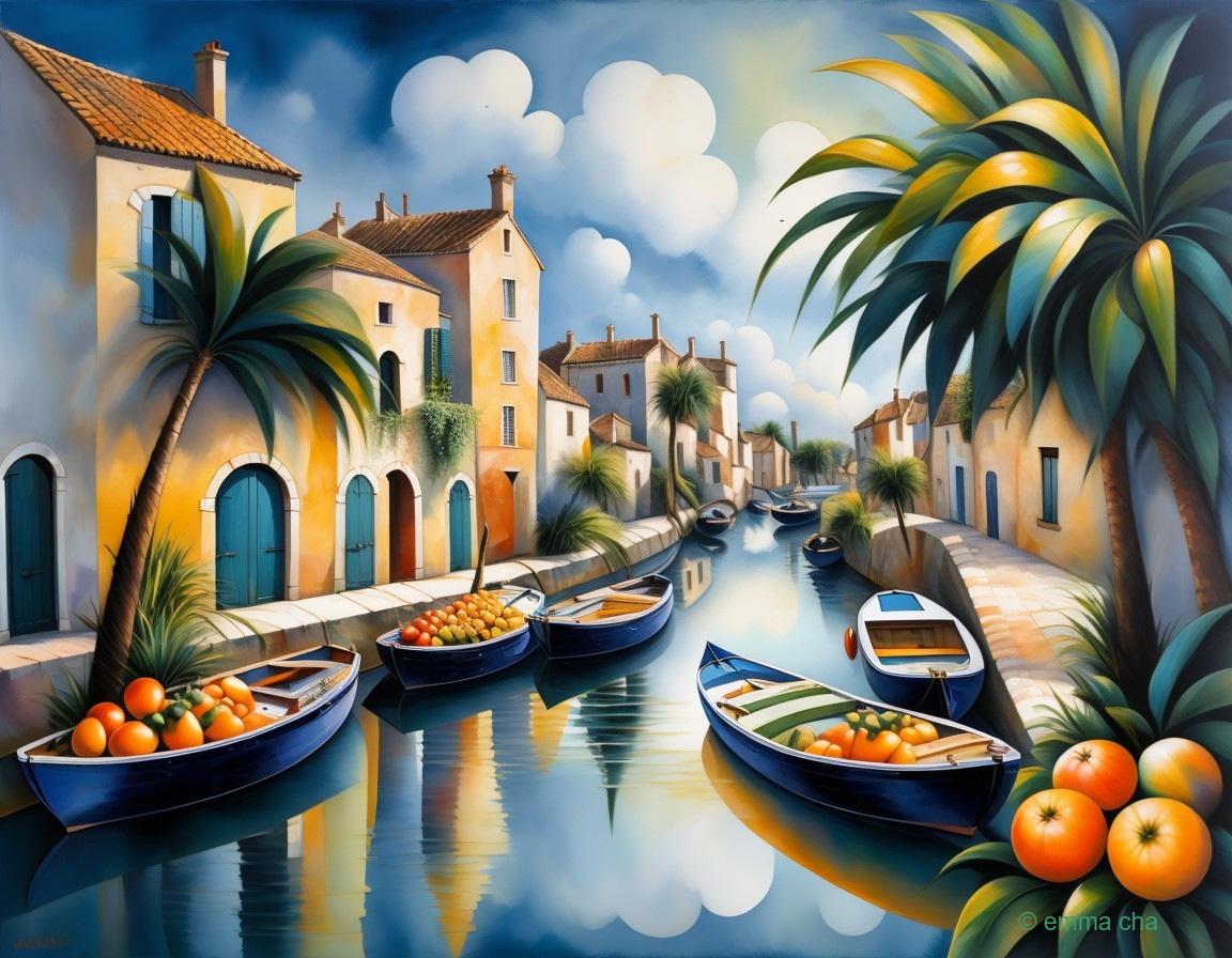 Mediterranean Canal Scene with Colorful Boats and Houses