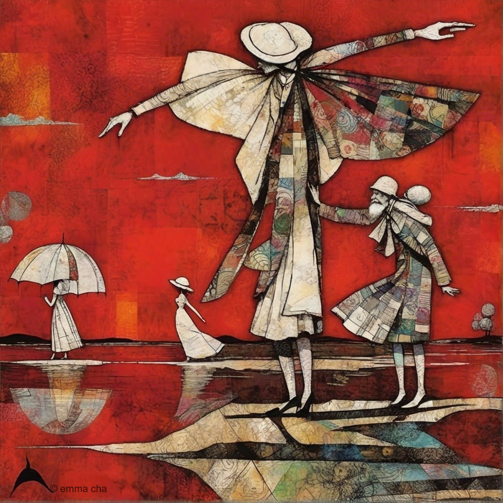Stylized Figures in a Vibrant Red Landscape Artwork