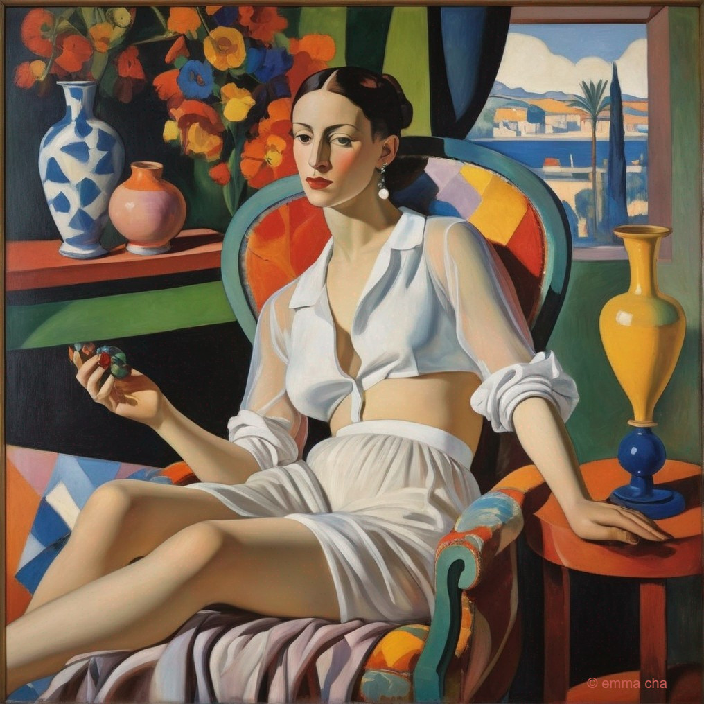 Elegant Woman in Colorful Armchair with Scenic View