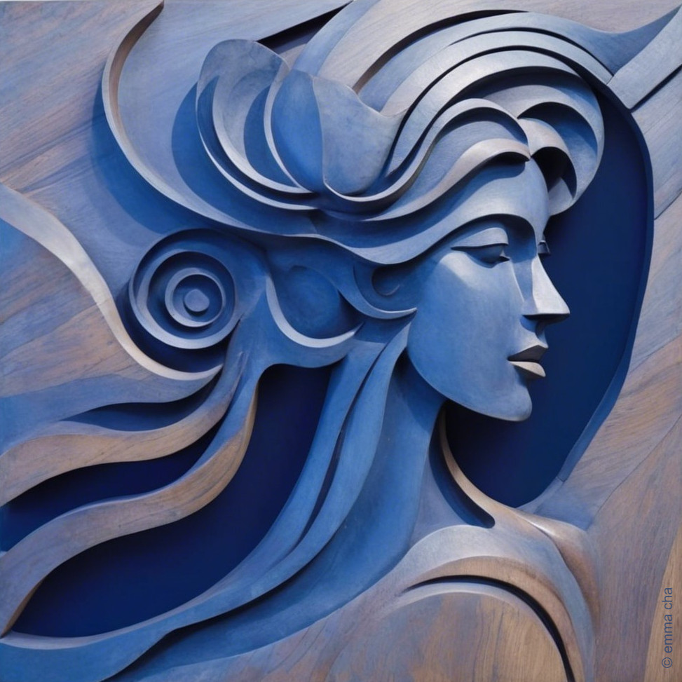 Artistic Relief Sculpture of a Female Figure in Blue