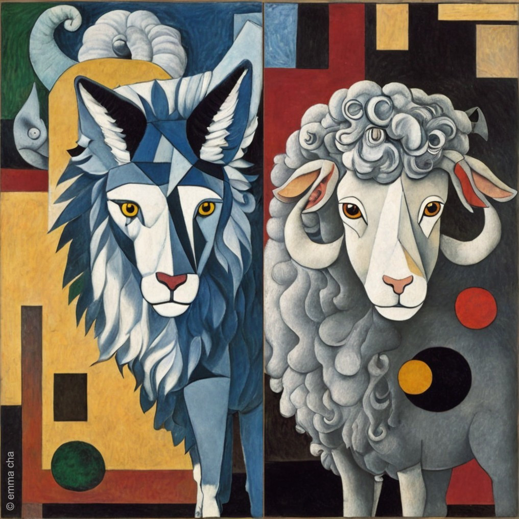 Dual Composition of Lion and Sheep in Vibrant Colors