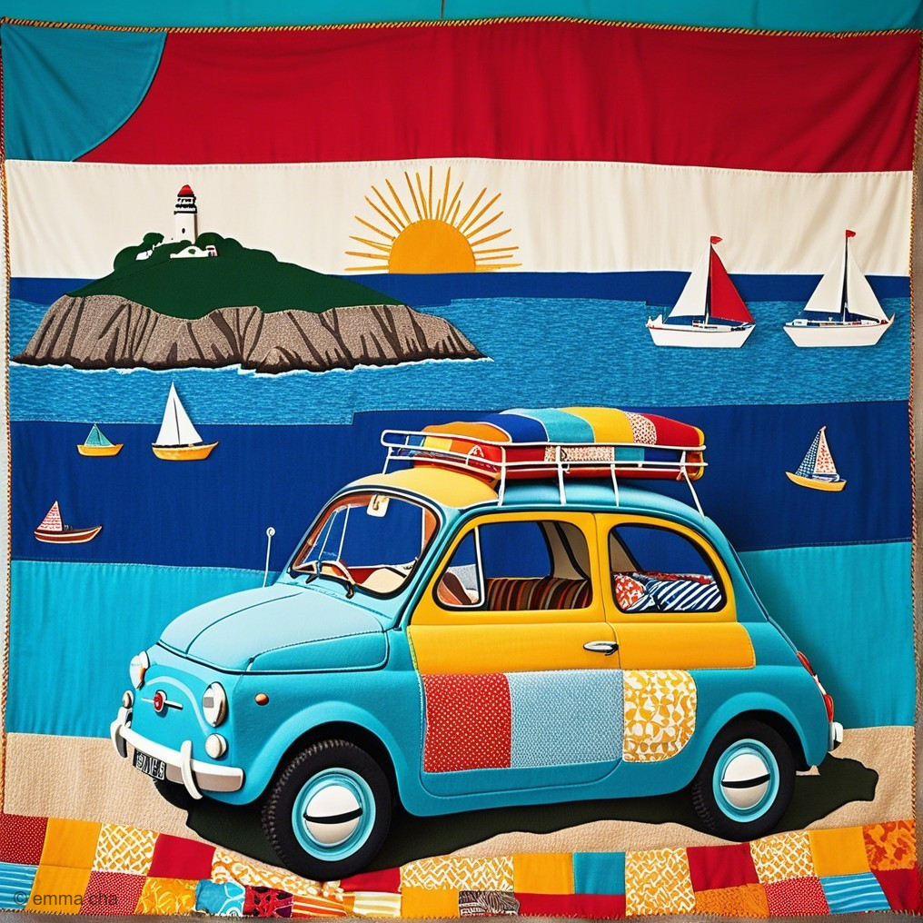 Vibrant Quilt Design with Blue Car and Seascape