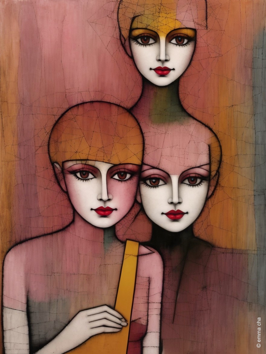 Stylized Female Figures in Soft Colors and Dreamlike Setting