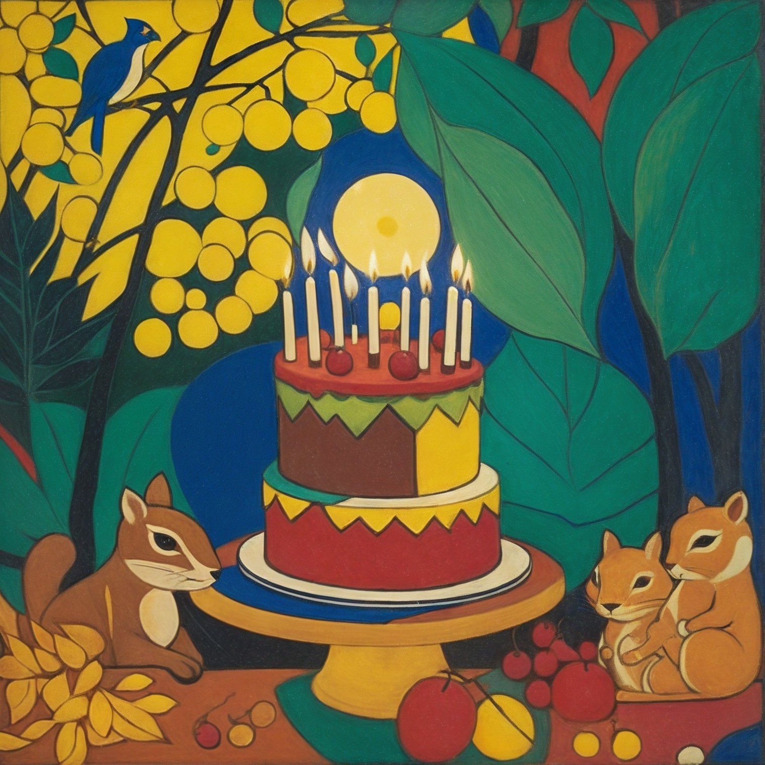 Celebratory Cake Surrounded by Nature and Wildlife