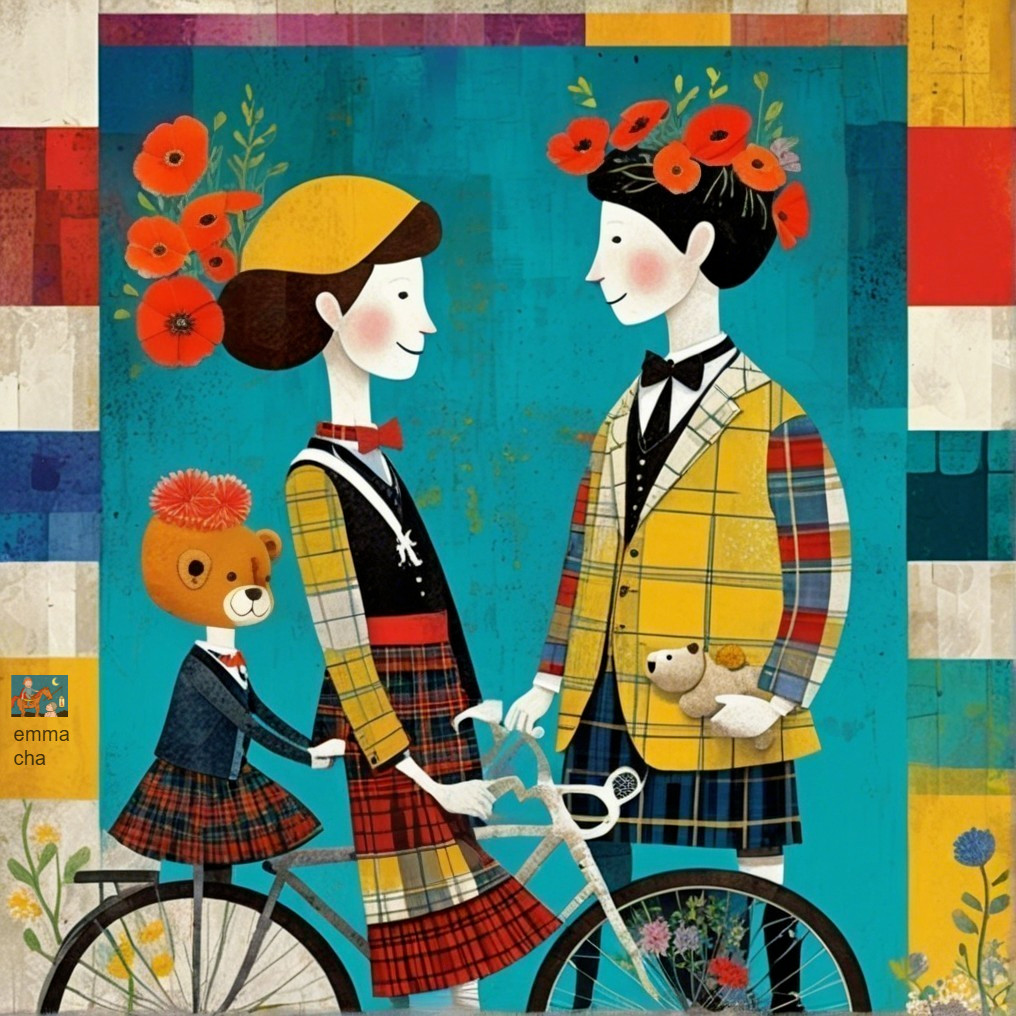 Whimsical Illustration of a Colorful Couple and Friends