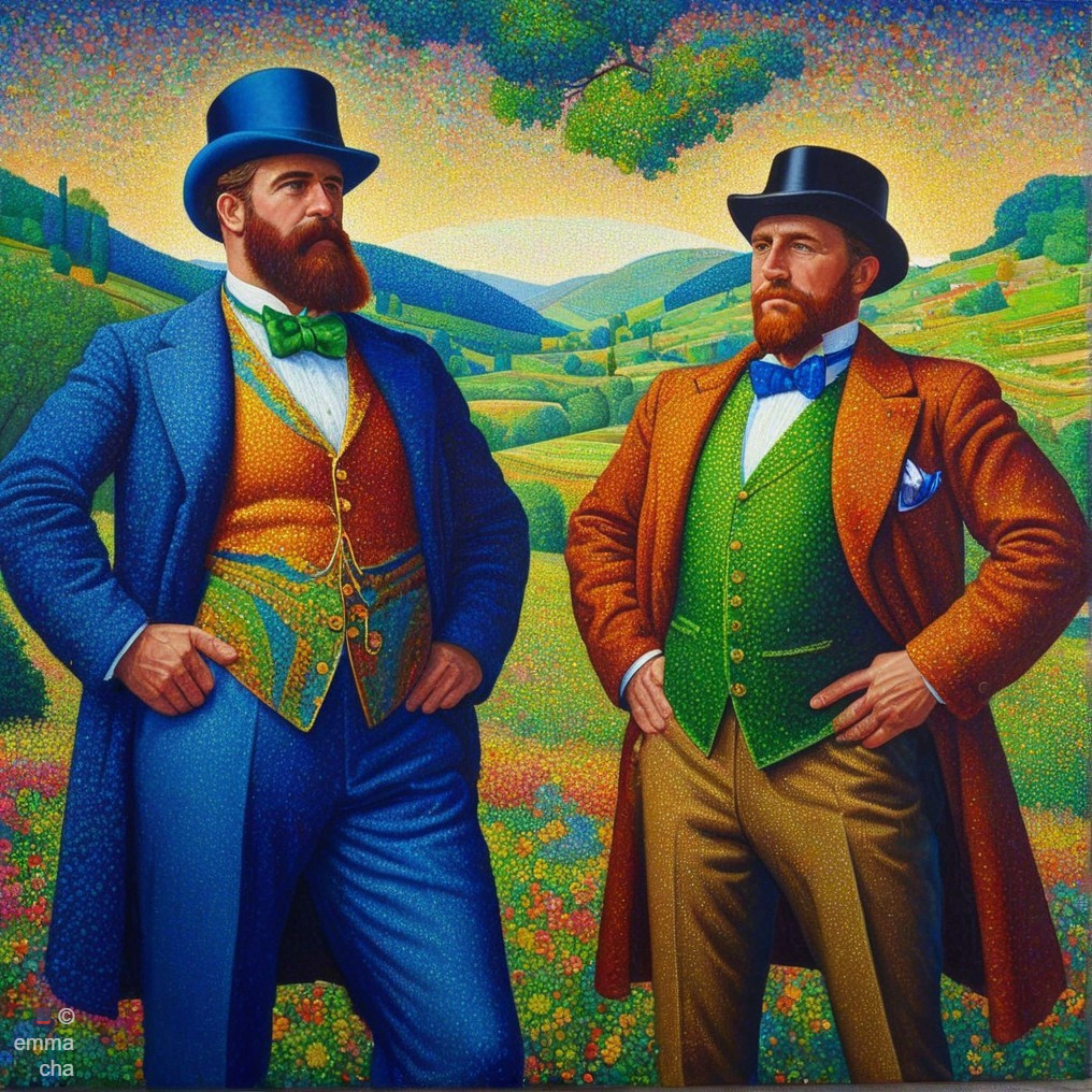 Gentlemen in Stylish Attire Amidst Colorful Landscape