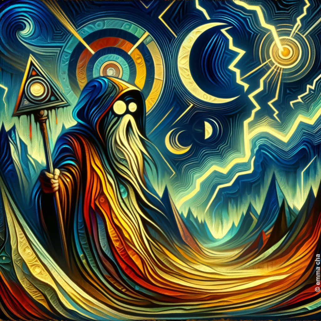 Mystical Figure in Vibrant Robes in Surreal Landscape