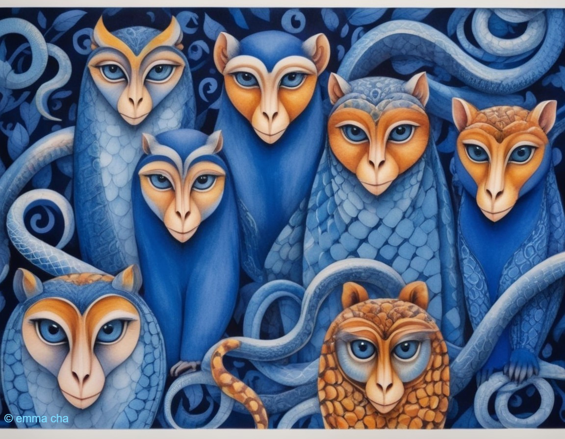 Stylized Blue and Orange Owls with Human-like Eyes