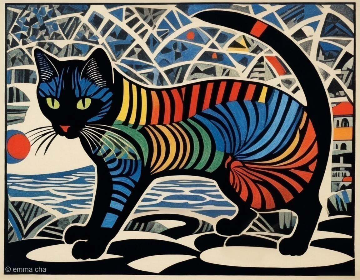 Stylized Cat with Vibrant Stripes and Abstract Background