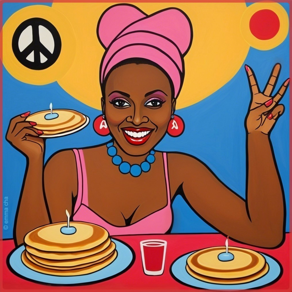 Colorful Artwork of a Woman with Pancakes and Joy