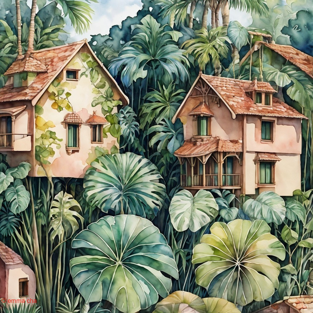 Watercolor Painting of Tropical Houses and Foliage