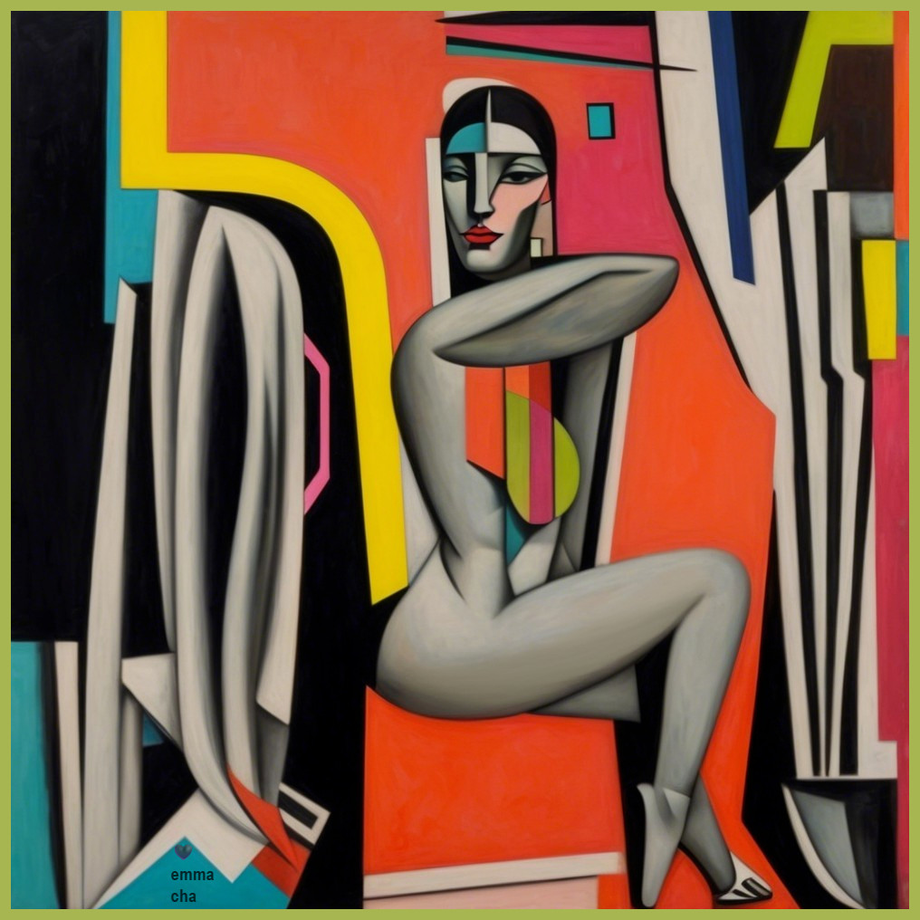 Abstract Painting of Nude Figure with Geometric Shapes