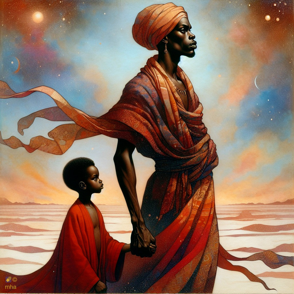 Majestic figure and boy in a surreal landscape