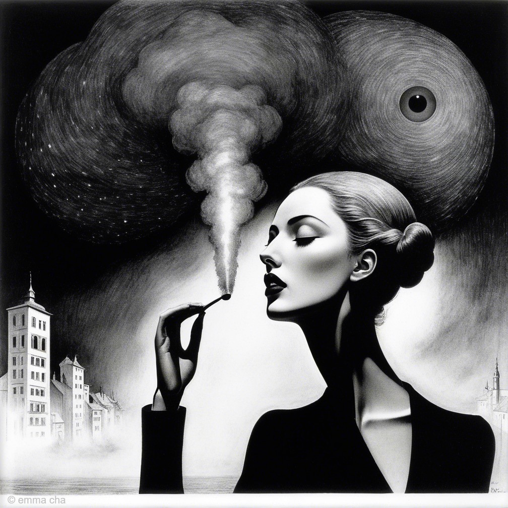 Stylized Woman Smoking Against Surreal Background