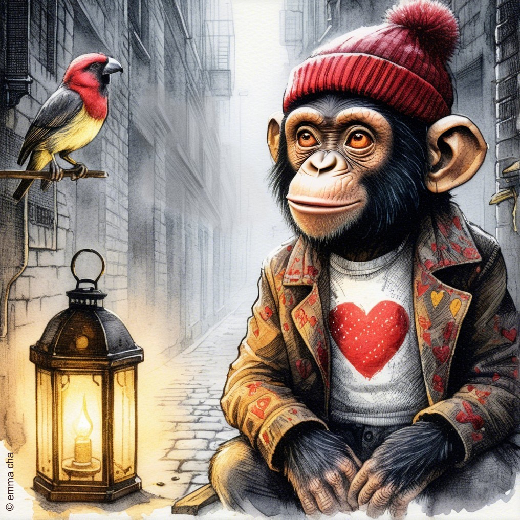 Charming young monkey in whimsical alley with lantern