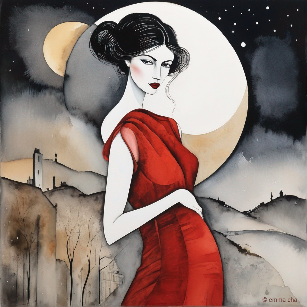 Chic red dress in the moonlight