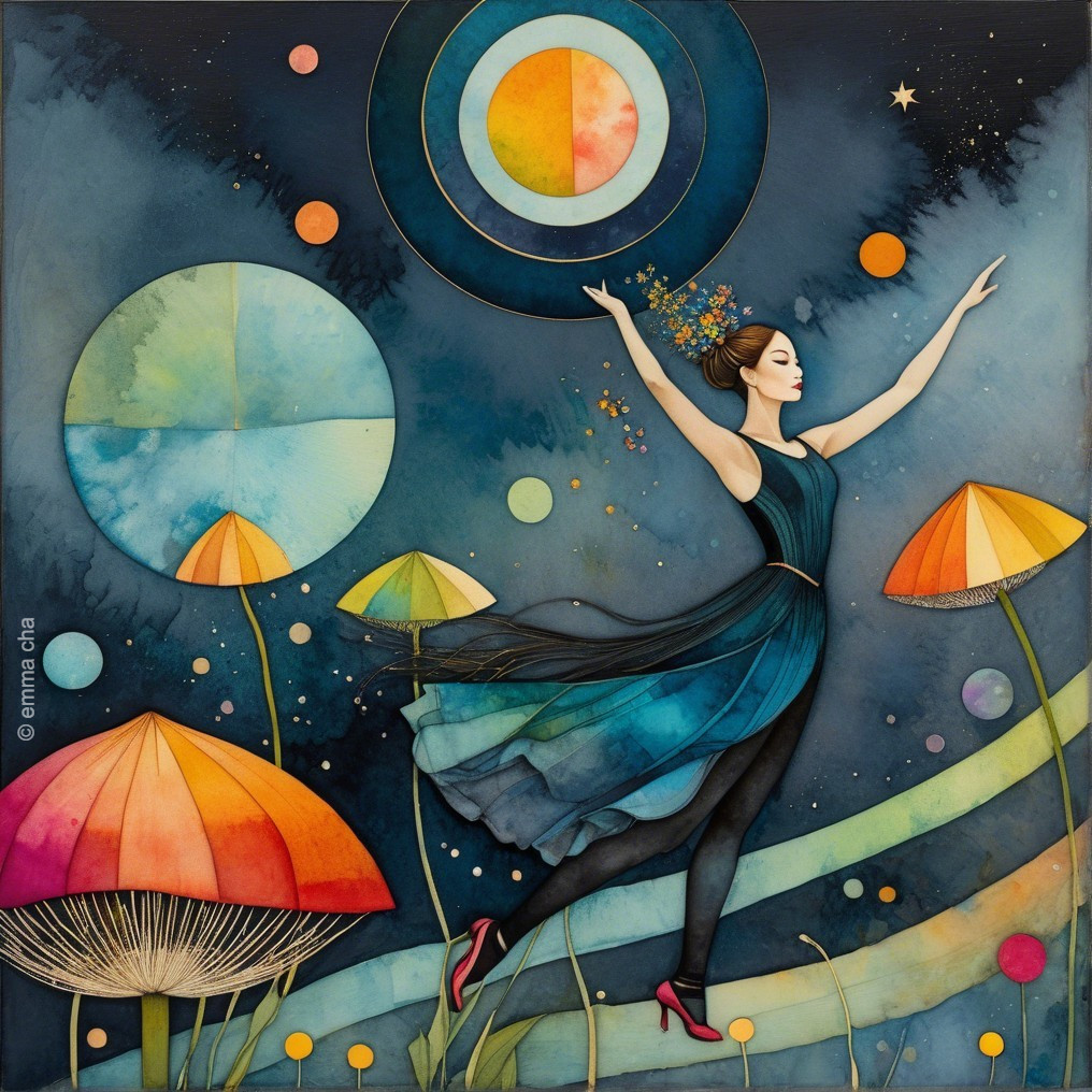 Whimsical Illustration of Woman Dancing in Teal Dress