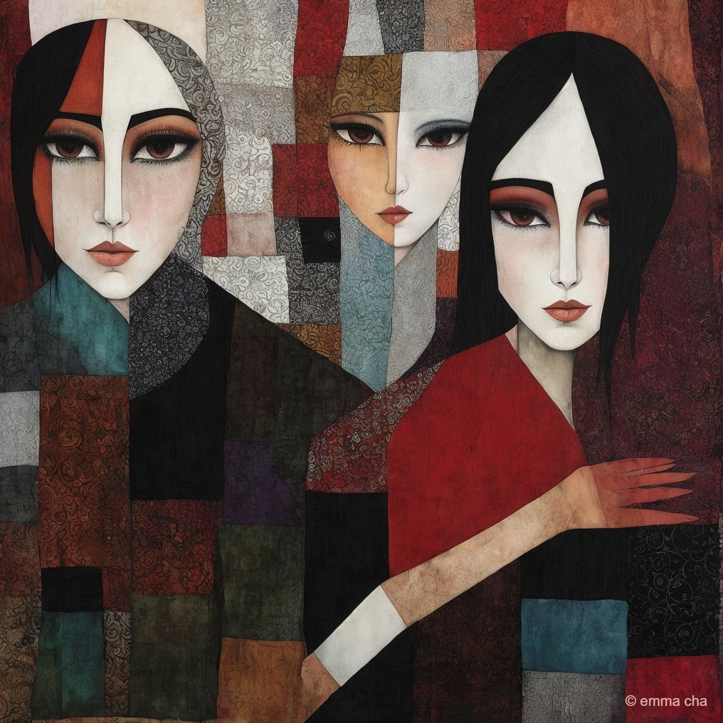 Stylized Female Figures in Vibrant Geometric Patterns
