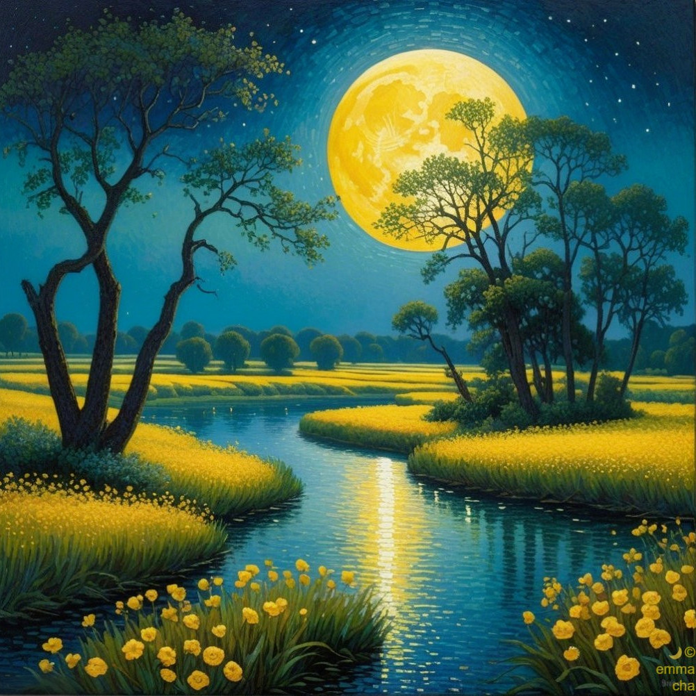 Tranquil Night Scene with Moonlit River and Flowers