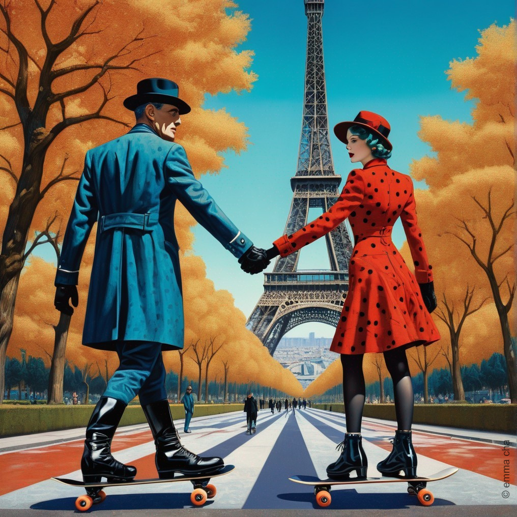 Couple Roller-Skating in Vibrant Parisian Setting