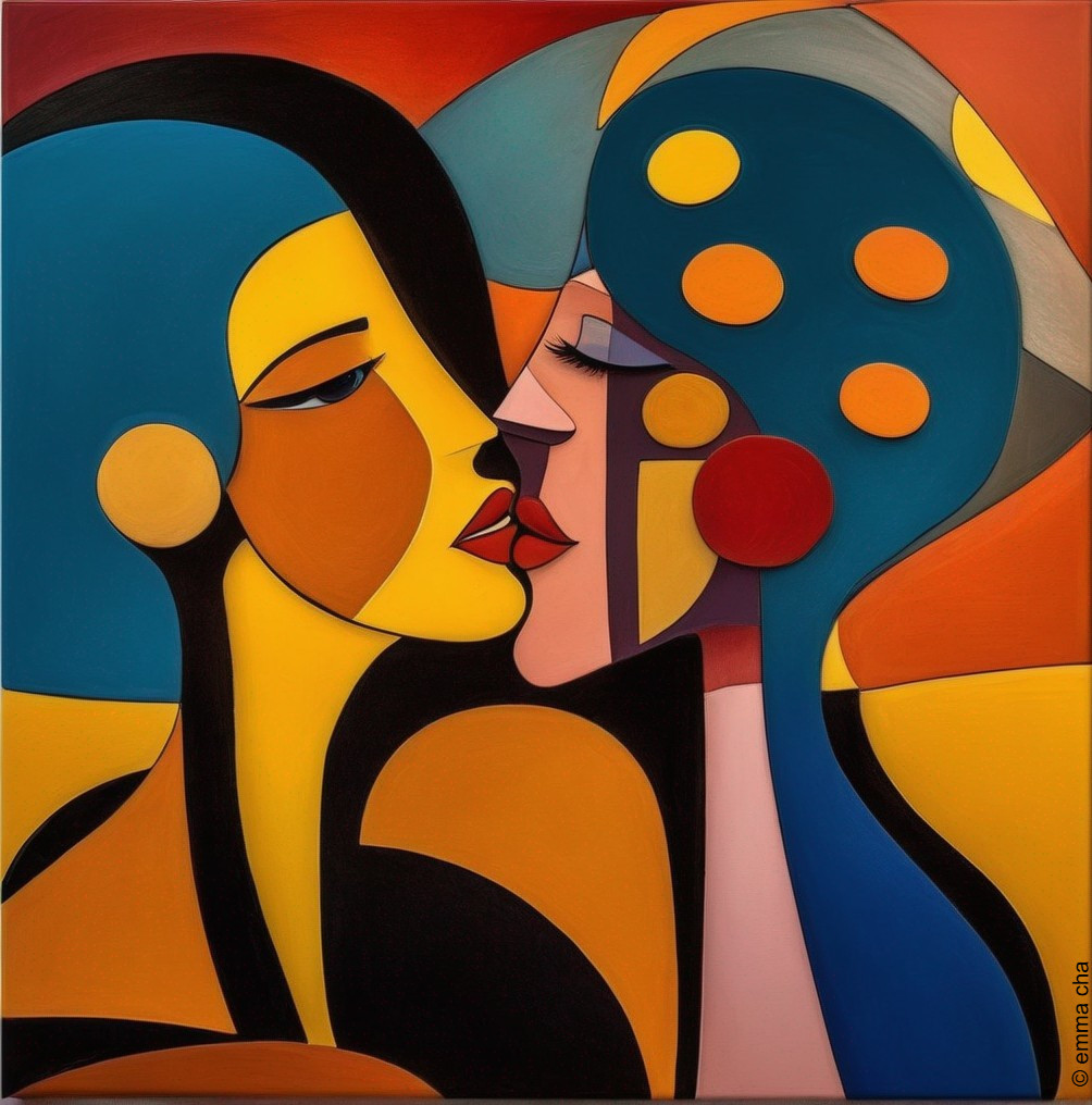Abstract Art of Two Figures Kissing in Bold Colors
