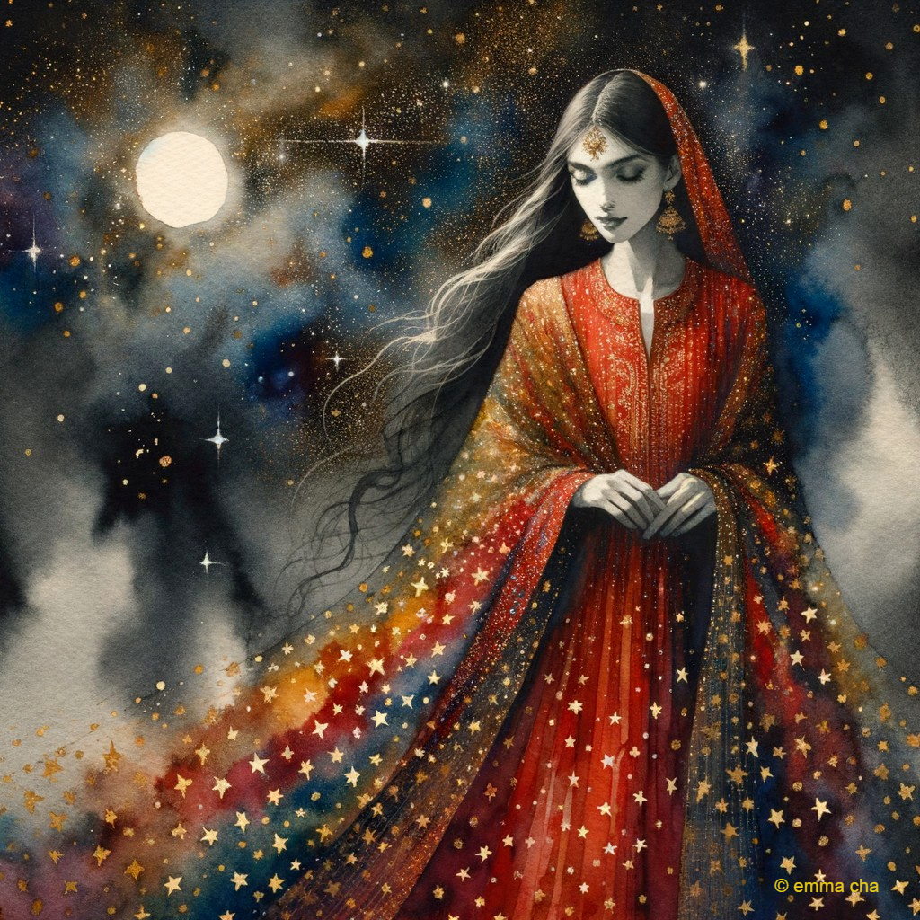 Figure in Red Garment Against Cosmic Backdrop