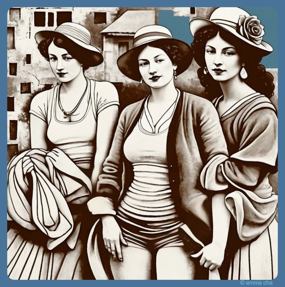 Early 20th Century Women in Vintage Swimwear Artwork