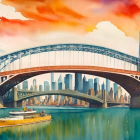 Vibrant Watercolor of New York City Skyline and Bridges