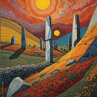 Surreal Landscape with Monoliths and Two Suns