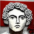 Stylized sculpture of a face with curly hair and accents