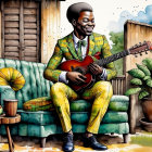 Cheerful man in plaid suit strumming guitar on couch