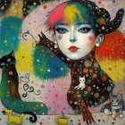 Stylized Woman with Colorful Hair and Playful Cats