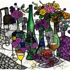 Vibrant Stained-Glass Floral and Wine Composition
