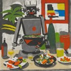 Stylized Robot Prepares Vibrant Salad in Lively Kitchen