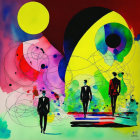 Vibrant Abstract Landscape with Silhouetted Figures
