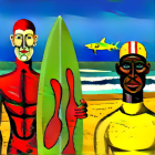 Stylized Figures on a Vibrant Beach with Surfboard